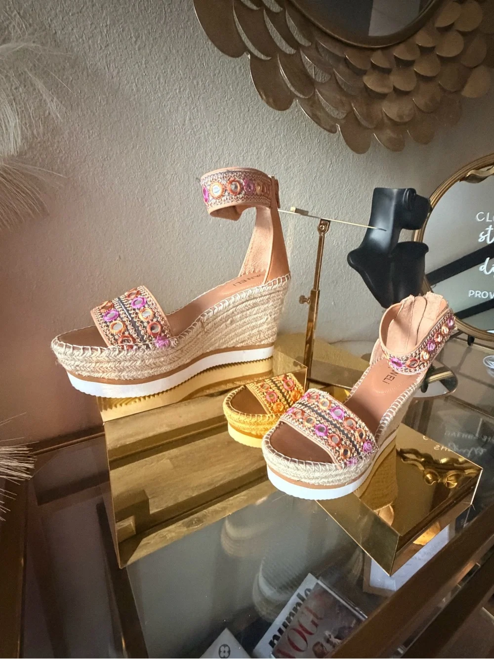 Van Eli Embellished Espadrille Wedge Sandals Ankle Strap Size 6.5M